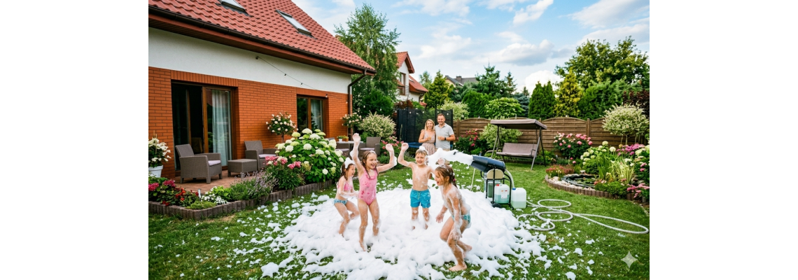 Dzieci bawiące się w gęstej, bezpiecznej białej pianie wytworzonej przez armatkę SHOWmonster 3000