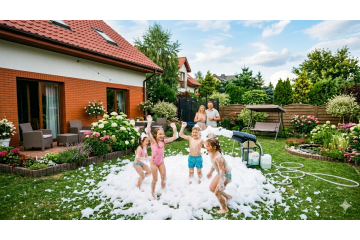 Dzieci bawiące się w gęstej, bezpiecznej białej pianie wytworzonej przez armatkę SHOWmonster 3000