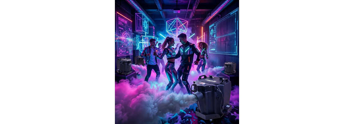 Parkiet wypełniony gęstym błękitnym dymem, na który opada jaskrawozielona piana świecąca w świetle UV.