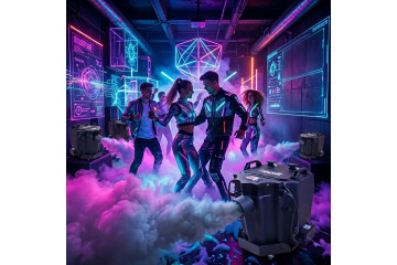 Parkiet wypełniony gęstym błękitnym dymem, na który opada jaskrawozielona piana świecąca w świetle UV.